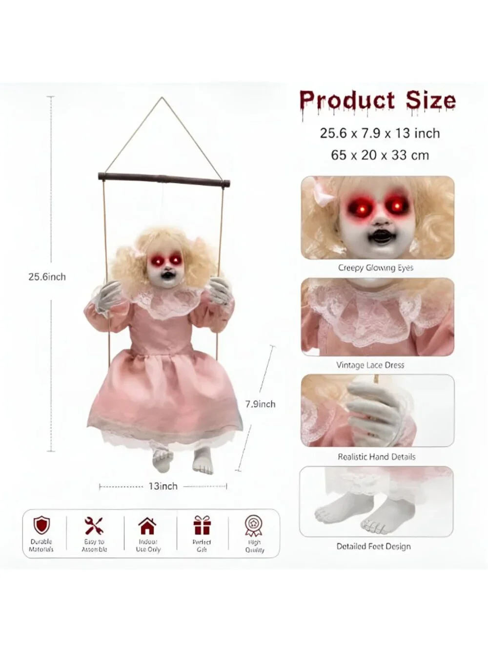 Halloween Animatronic Doll Decorations Outdoor, Animated Hanging Swinging Girl
